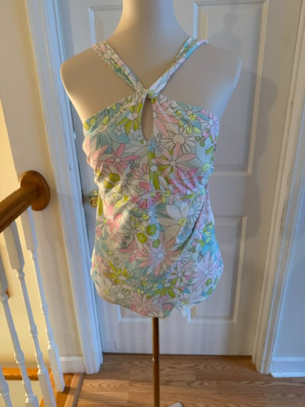 Crown & Ivy Pastel Floral Halter Tankini Swim Top Retro Multi Sz L